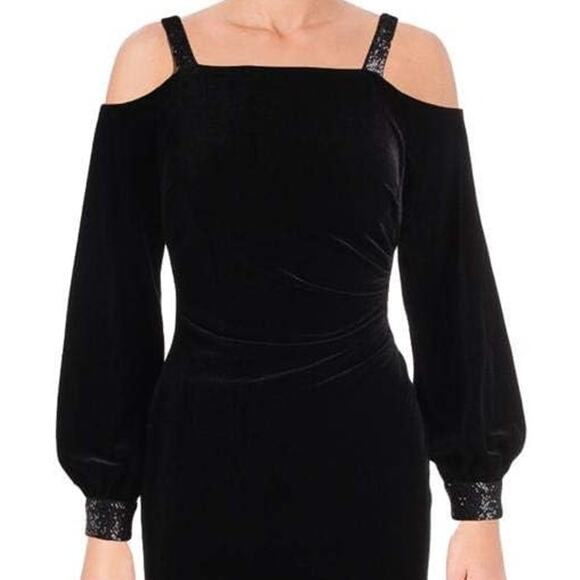 Lauren Ralph Lauren Black Velvet Cold Shoulder Knee Length Party Dress Size 14 - Picture 5 of 16